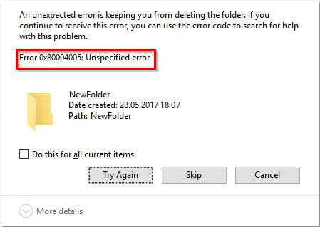 código de error de Windows 0x80004005