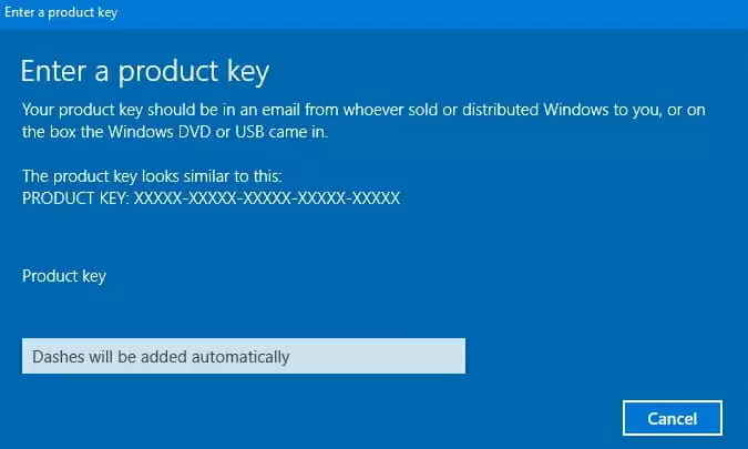 entering windows 10 product key