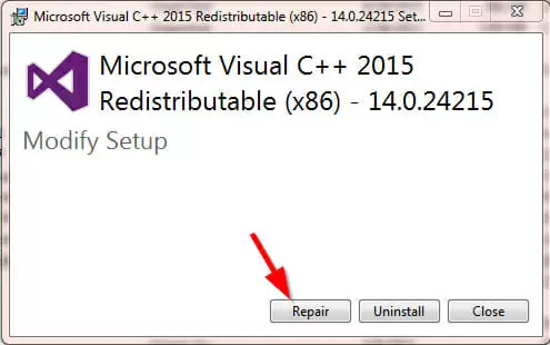 Repair Microsoft visual C++ 2015 Redistributable